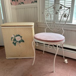 Vintage Painted Wrought Iron Chair And Hamper (b3)