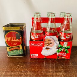 Glass Christmas Series Coca-Cola Six-Pack And Vintage Tin (Loc: CH Garage)