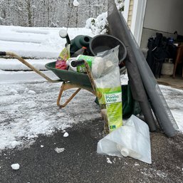 Miscellaneous Garage Lot Including Plastic Sheeting, Tarp, And More - Wheelbarrow NOT INCLUDED (Garage)