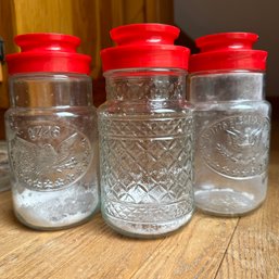 Trio Of Vintage Anchor Hocking Glass Jars W/ Plastic Red Lids (DR)
