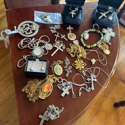 Religious Jewelry Lot With Cross & Mary Pendants, Incl. Sterling, Vintage (B1)