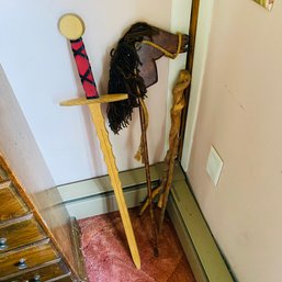 Vintage Wooden Hobby Horse, Sword, And Walking Stick (Bedroom Right)