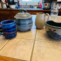 4 Pieces Of Pretty Blue & Brown Stoneware Pottery Incl. Great Bay Co. (Living Room)