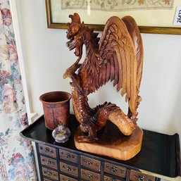 Large Carved Wood Dragon - As Is - With Pot And Oil Light (living Room)