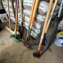 Assorted Lawn Tools Including Rakes, Shovels, Hoes, And More (Garage)