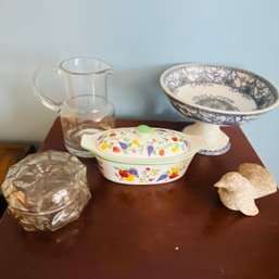 Mixed Lot Of Vintage Ceramic Kitchen Items, Incl Floral Butter Boat & Swan Etched Glass Pitcher (Living Room)