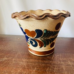 Signed Glazed Earth-toned Planter With Floral Design (Loc: CH Garage)