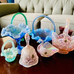 Beautiful Iridescent Glass, Mostly Fenton Bells, Baskets & More (LR)