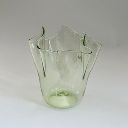 Vintage MidCentury Handblown Folded Vase Green Glass Vase MCM (Living Room)
