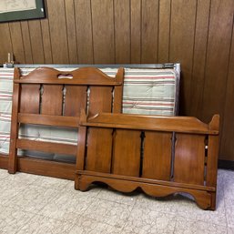 Vintage Wooden Twin Sized Bed With Headboard, Footboard, Side Rails, And Metal Box Spring (Basement)