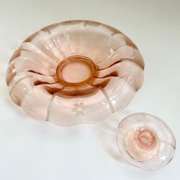 Gorgeous Vintage Pink Glass Console Bowl With Matching Candle Holder (Dining Room) (MB3)