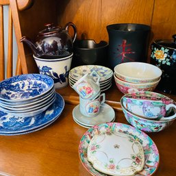 Mixed Lot Of Pretty Asian China, Teapot, Dishes, Candle & Teacups (Dining Room On Hutch Shelf)