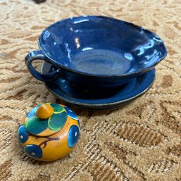 Pair Of Blue Pottery Pieces & Wood Haiti Lidded Jar (Up)