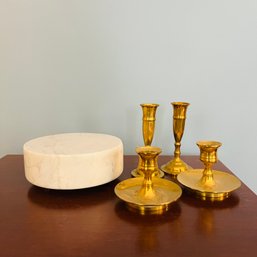 Two Pairs Of Brass Candlesticks And Marble Circular Stand (LR)