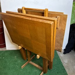 Four Vintage Folding Wooden TV Trays On Stand (BSMT)