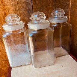 Trio Of 11' Tall Glass Jars With Lids - Needs Cleaning (Barn)