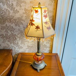 Vintage Lamp With Embroided Shade And Metal/Amber Glass Base (Spare Room)
