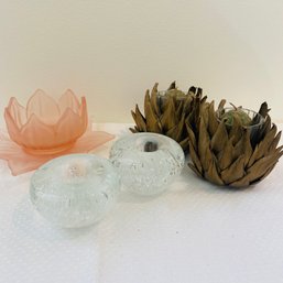 5 Candle Holders, Including Artichokes & Lotus Shaped Glass (Kitchen)