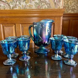 Wow! Vintage Blue Carnival Glass Pitcher & Goblets (entry)