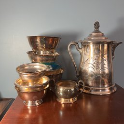 Silverplate Assortment: Bowls, Small Dishes, Coffee Pot (LR)