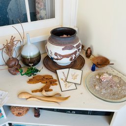 Assorted Decorative Items: Pottery, Puzzle Tree, Metal Wind Up Toy, Etc. (sunroom)
