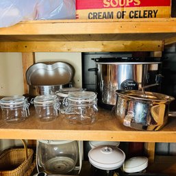 Kitchen Goods Shelf Lot: Jars, Bowl, Glass Dish, Berry Masher, Crockpot (Zone 2)