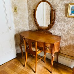 Vintage Wood Veneer Vanity And Wood/Cane Seat With Contents (Spare Room)