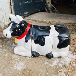 Vintage Ceramic Cow Cookie Jar With Three Sections (barn)