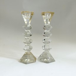 Pair Of Vintage Crystal Cut Glass Candlesticks (Living Room) (MB9)