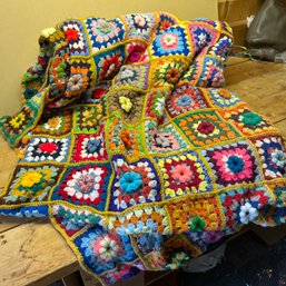 Huge Vintage Crochet Blanket With Dimensional Flowers (Attic)
