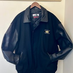 Leather & Wool Black Mens BOMBER Jacket, Embroidered 2002 Salt Lake OLYMPICS & Chevy Sponsor