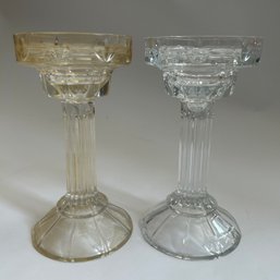 Pair Of Vintage Lead Crystal Fluted Pillar Candleholders (Living Room) (MB10)
