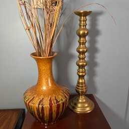 Tall Brass Candlestick And Large Vase (LR)