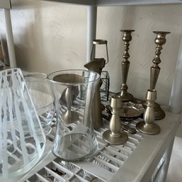 Mixed Lot Of Contemporary And Possibly Some Vintage Home Decor Pieces, Candlestick Holders, Vases, Etc (LRoom)