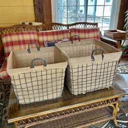Pair Of Large Decorative Wire Baskets, Linen Lined, Nesting (porch)