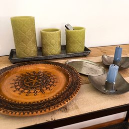 Gene Lesch Pewter Candle Holders And Oval Plate, With Wooden Plate And Battery-operated Candles (DR)