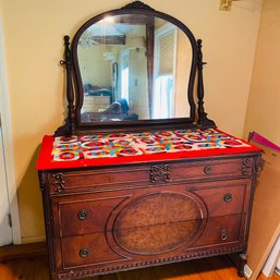 Vintage Dark Wooden Veneer Vanity With Ornate Detailing And Mirror (Master Bedroom)