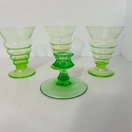 Set Of Three Vintage URANIUM GLASS Drinking Glasses And Candle Holder (garage Left)