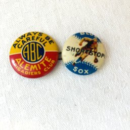 2 Very Small Vintage Buttons, Union Alemite Brigadier & Blue Sox Shorstop (LR)