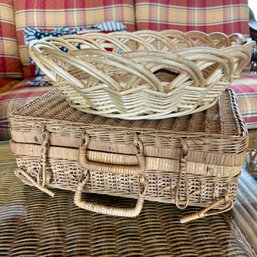 Vintage Wicker Picnic Basket And Bowl (porch)