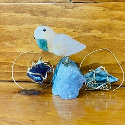 Trio Of Small Rock Crystals With Silver Designs & Toucan Bird Figure (LR)