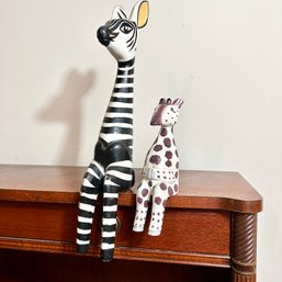 Wooden Painted Zebra And Giraffe 'sitting' Figures