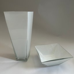 Set Of Vintage White Glass Vase And Bowl, Handmade In Poland (Living Room) (MB13)