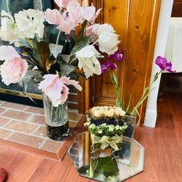 Faux Plants In Vases & Octagon Shaped Mirror (LR)