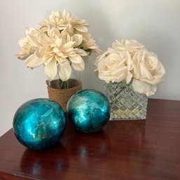 Decorative Faux Florals And Pier 1 Teal Orbs (DR)