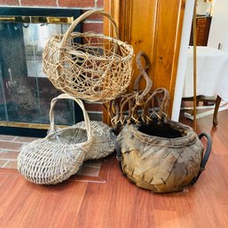 Collection Of 4 Woven Baskets In Unique Shapes (LR)