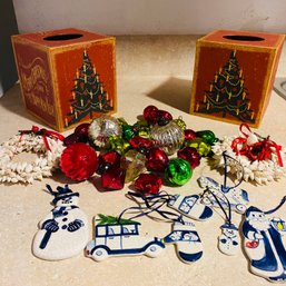 Mixed Lot Of Christmas - Shell Wreath, Blue & White Ornaments, Bulbs & Tissue Box Holders (Basement)