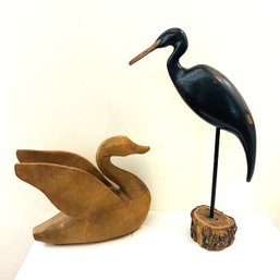 Very Lightweight Swan & Wooden Black Heron Bird Sculpture (LR)