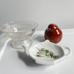 Mahogany Bird, Tea Bag Holder Dish And Footed Glass Dish (LL)