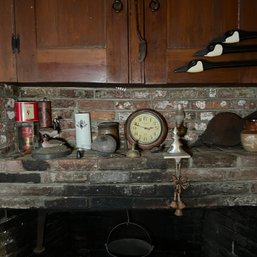 Mantle Lot: Antique Fire Extinguisher,  Loon Sculpture, Tobacco Tins, Bellows And Other Finds (LR)